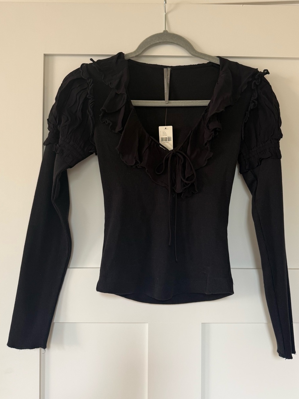 Anthropologie Black Ruffle Tie-Front Long Sleeve Top